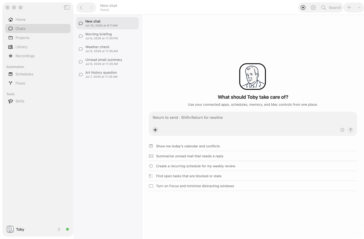 A new chat, with suggested prompts under the message box