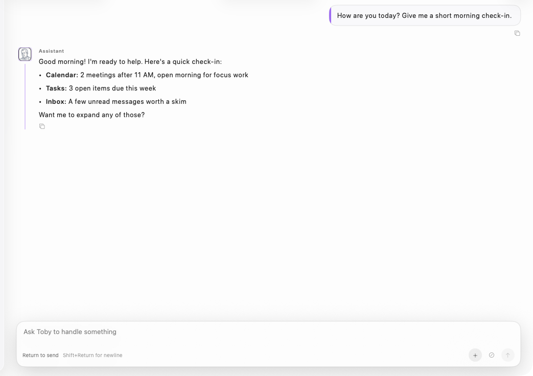 Toby.app chat with a simple prompt and streaming response