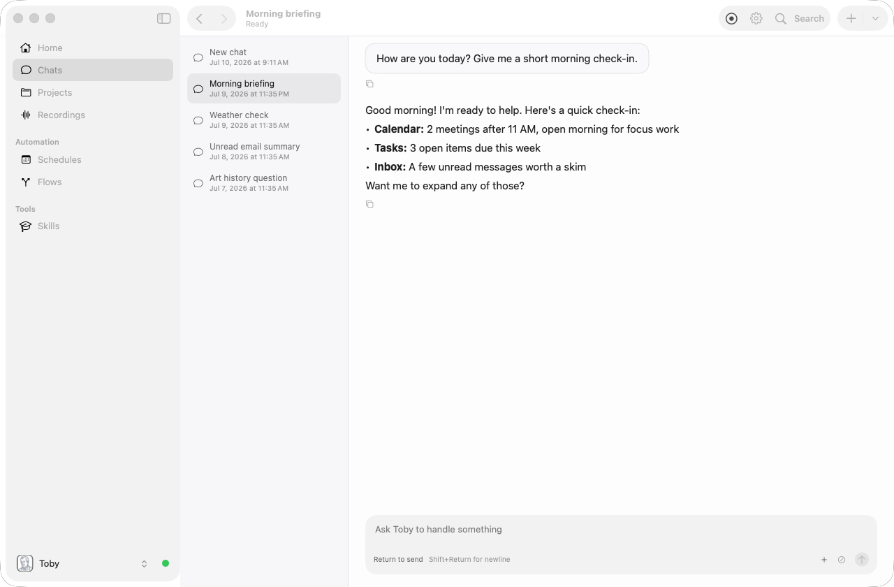 Toby.app chat with a simple prompt and streaming response