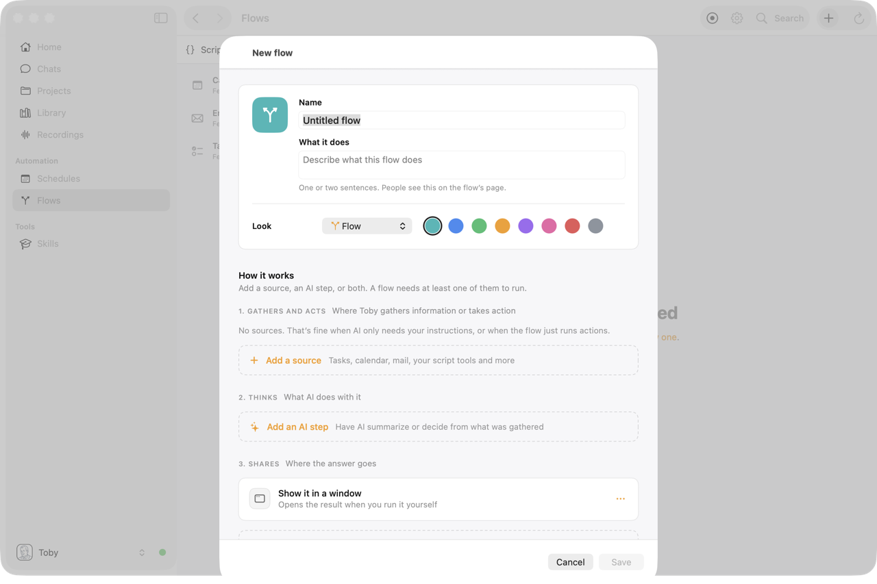 The New flow sheet with Name, Look, Steps, and Shares sections