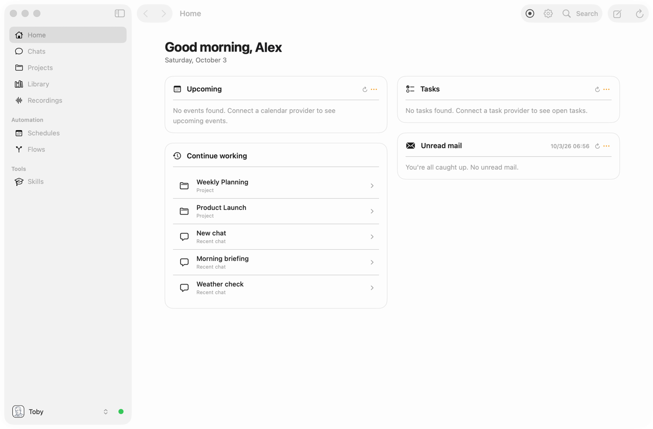 Home with Upcoming, Tasks, Unread mail, and Continue working cards