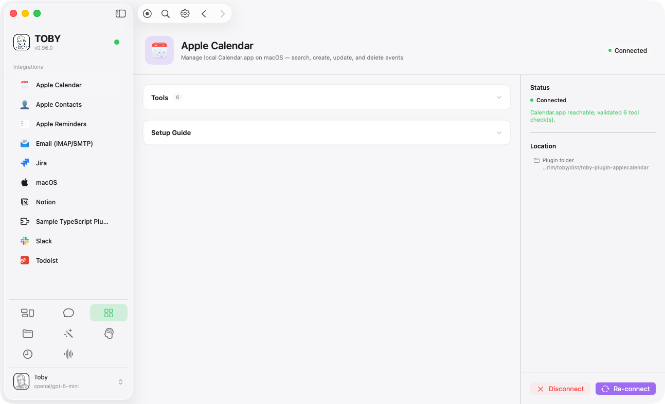 Toby.app Integrations window