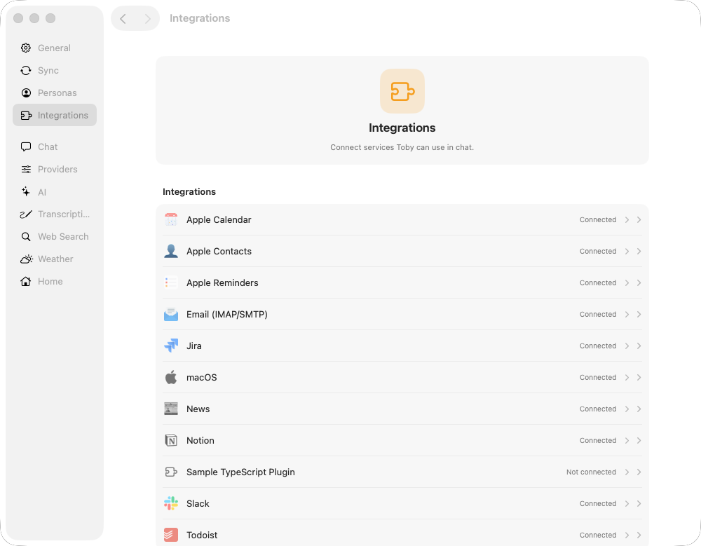 Toby.app Integrations window