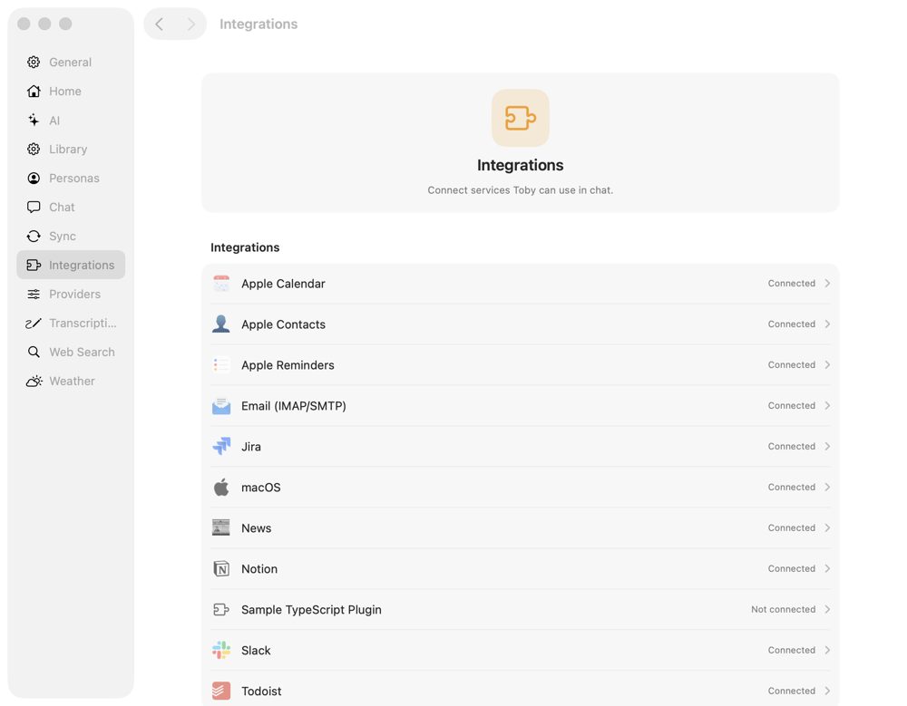 Settings → Integrations lists every integration and whether it is connected