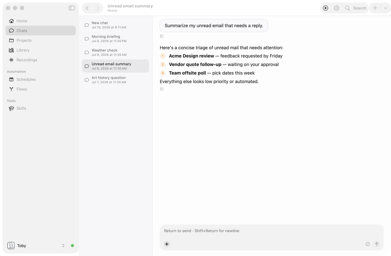 The Toby main window: sidebar on the left, a chat in the middle, toolbar at the top