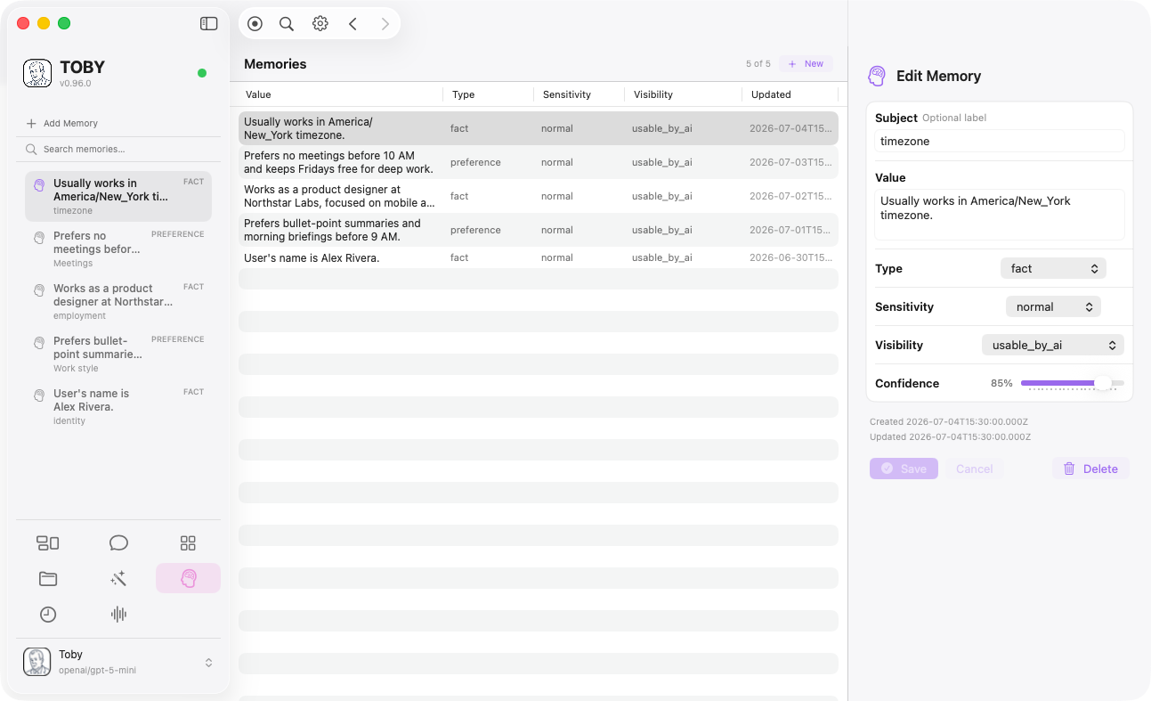 Toby.app Memories window