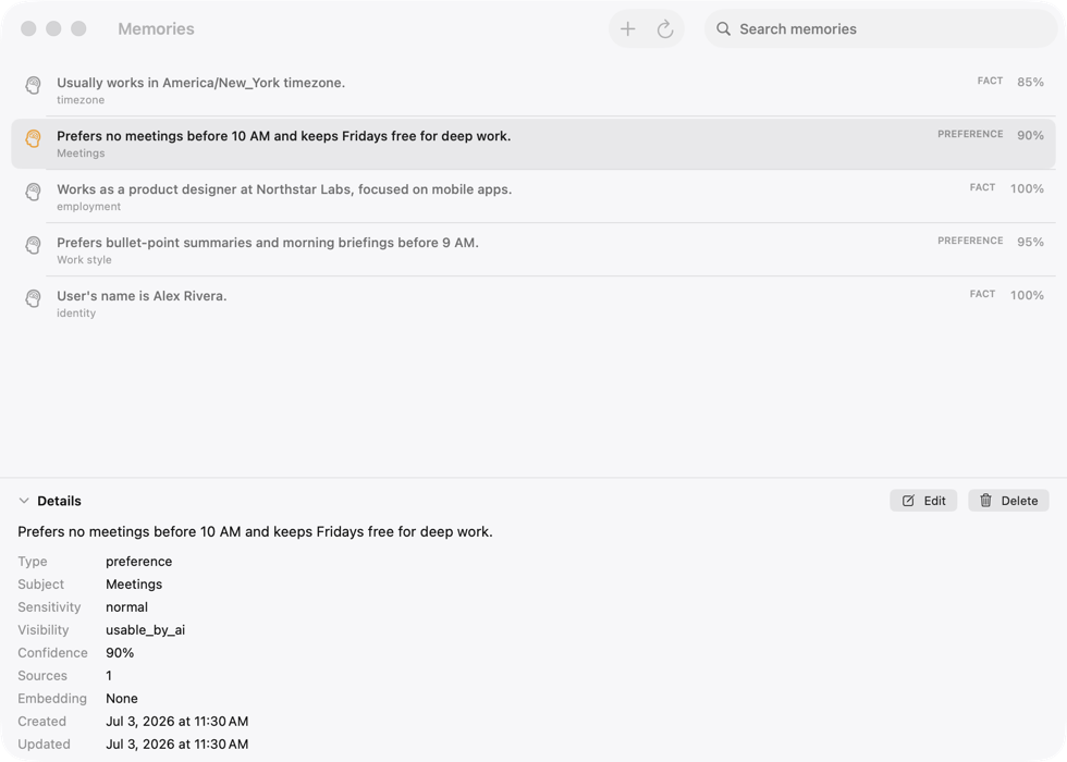 Toby.app Memories window