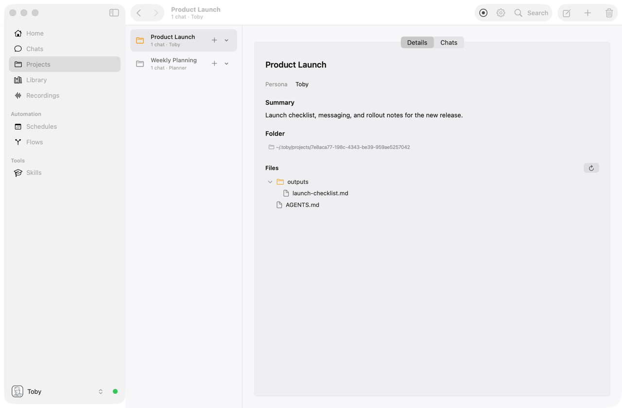 A project's Details tab with its summary, folder, and files