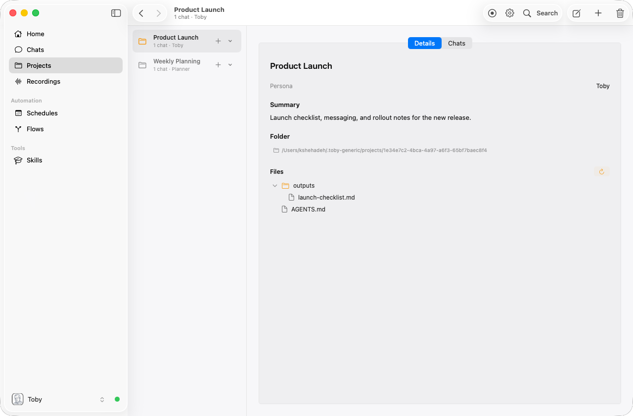 Toby.app Projects workspace