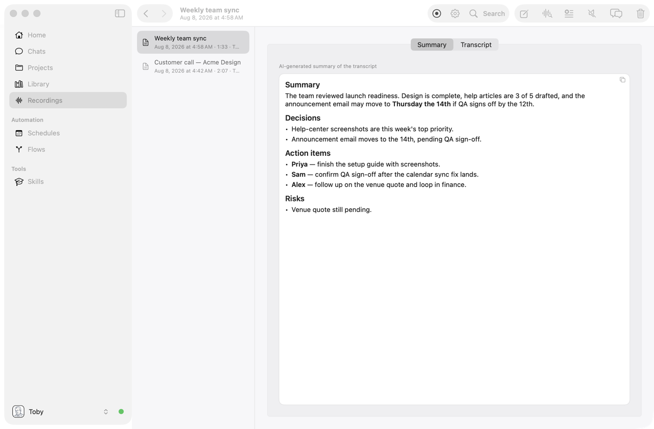 A recording's AI summary with decisions, action items, and risks