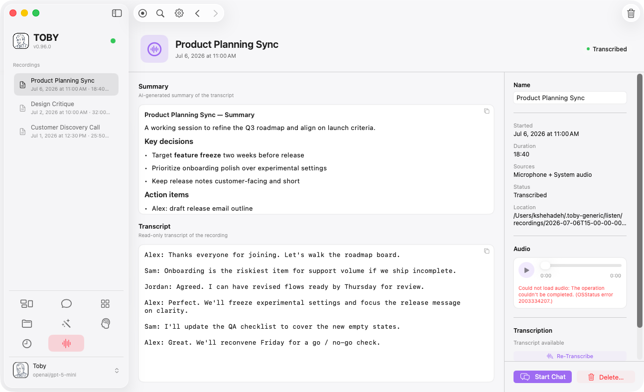 Toby.app Recordings window