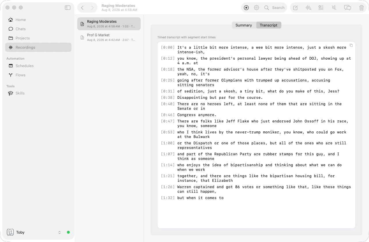 Toby.app Recordings window