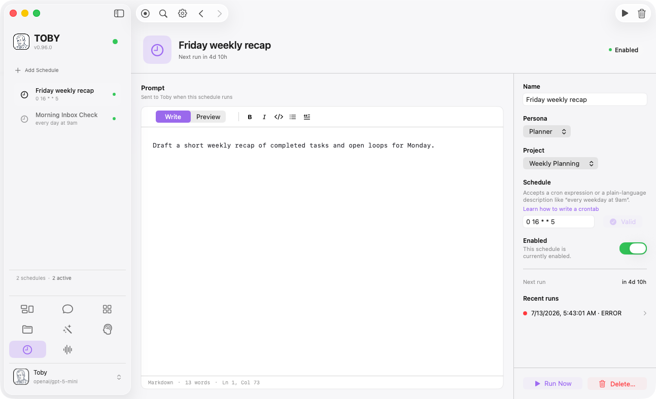 Toby.app Schedules window