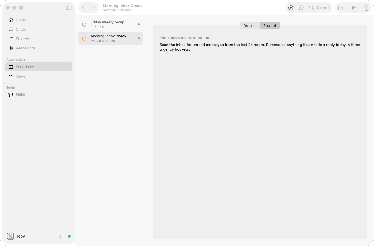 Toby.app Schedules window