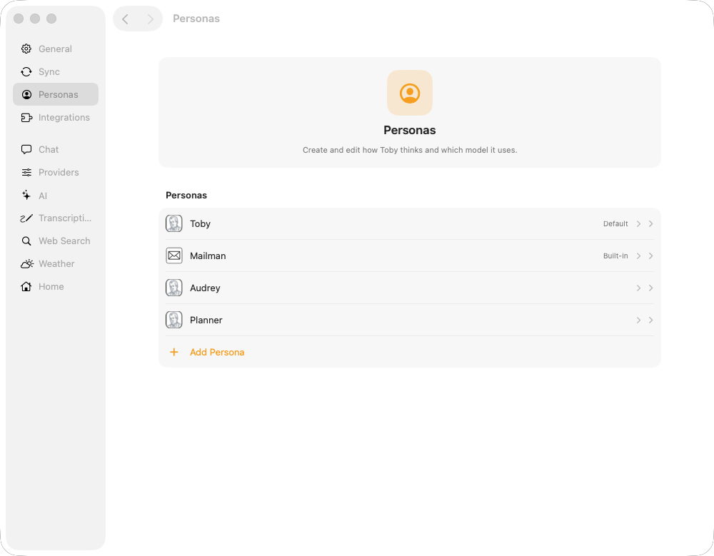 Toby.app Settings window