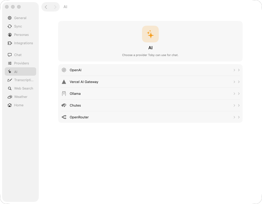 Toby.app Settings window with AI section
