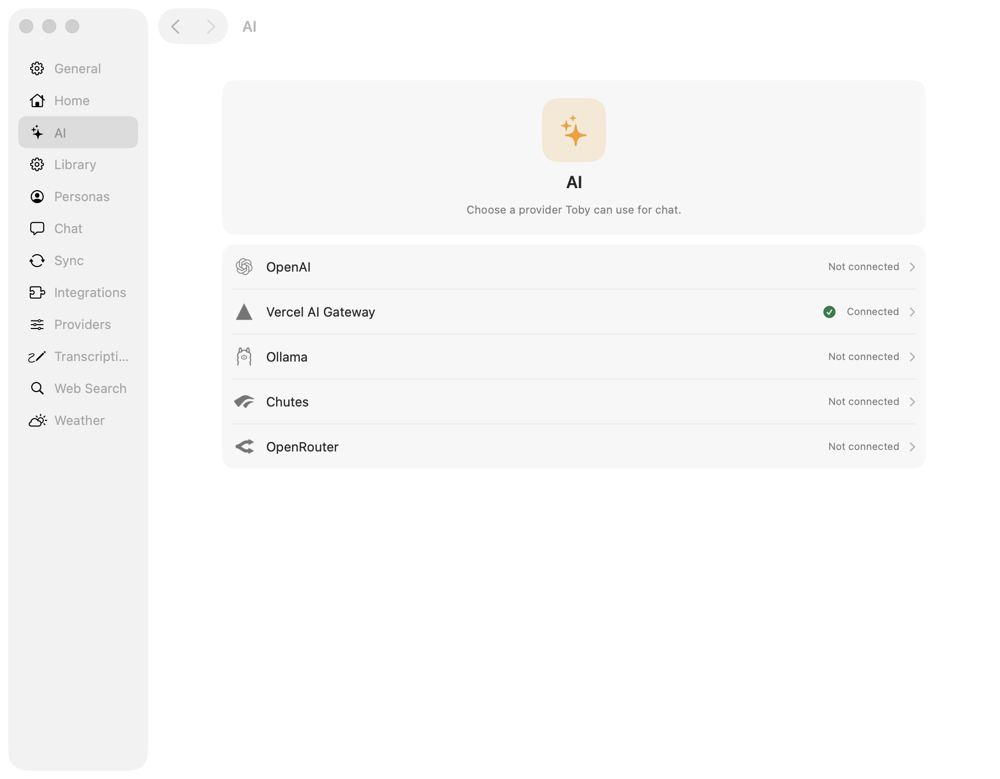 Settings → AI lists every supported provider and whether it is connected