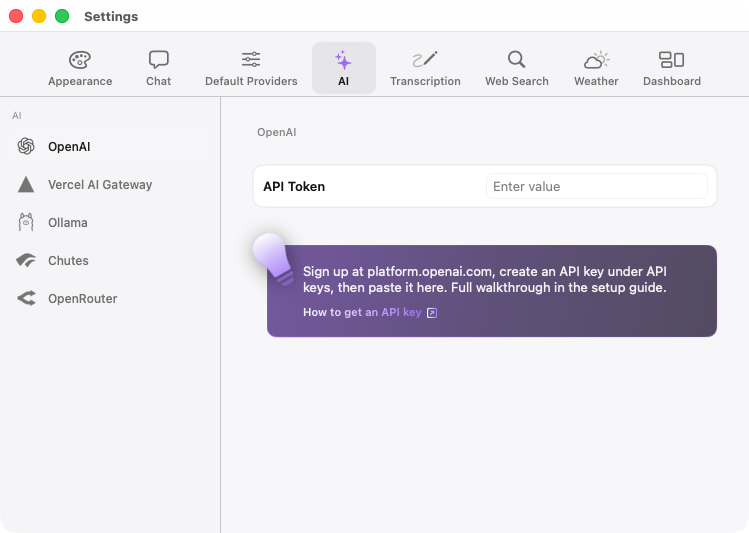 Toby.app Settings window with AI section