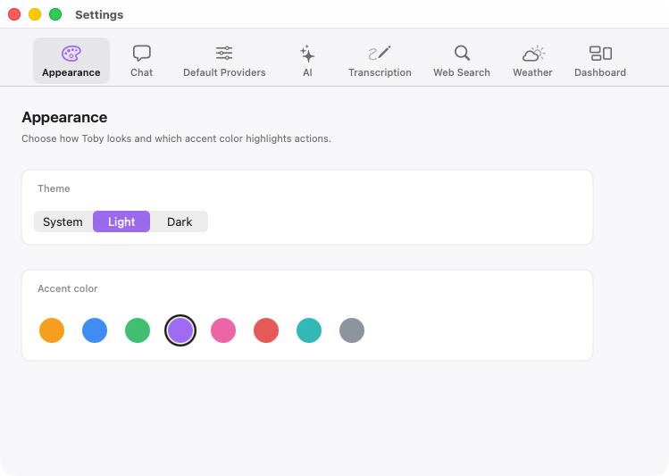 Toby.app Settings window