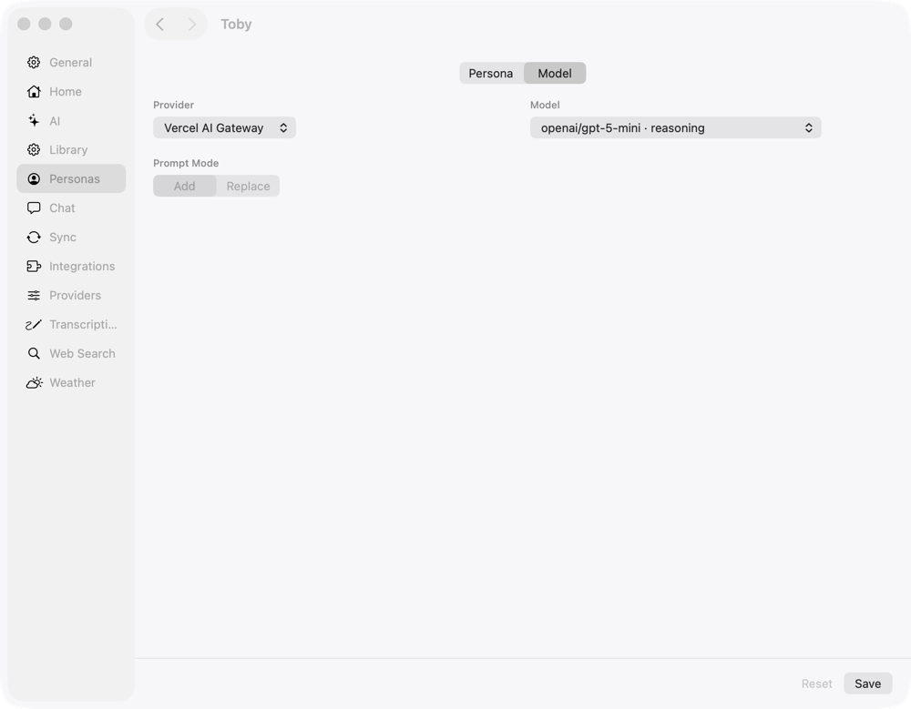 The Model tab of a persona, with Provider and Model pickers