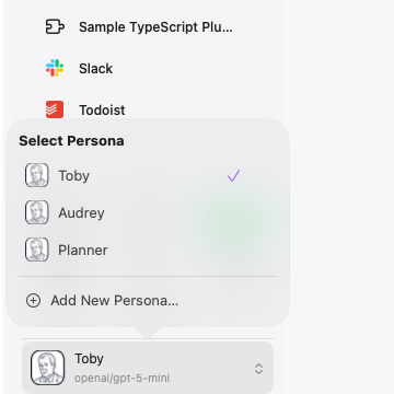 Toby.app Persona settings with provider and model selection