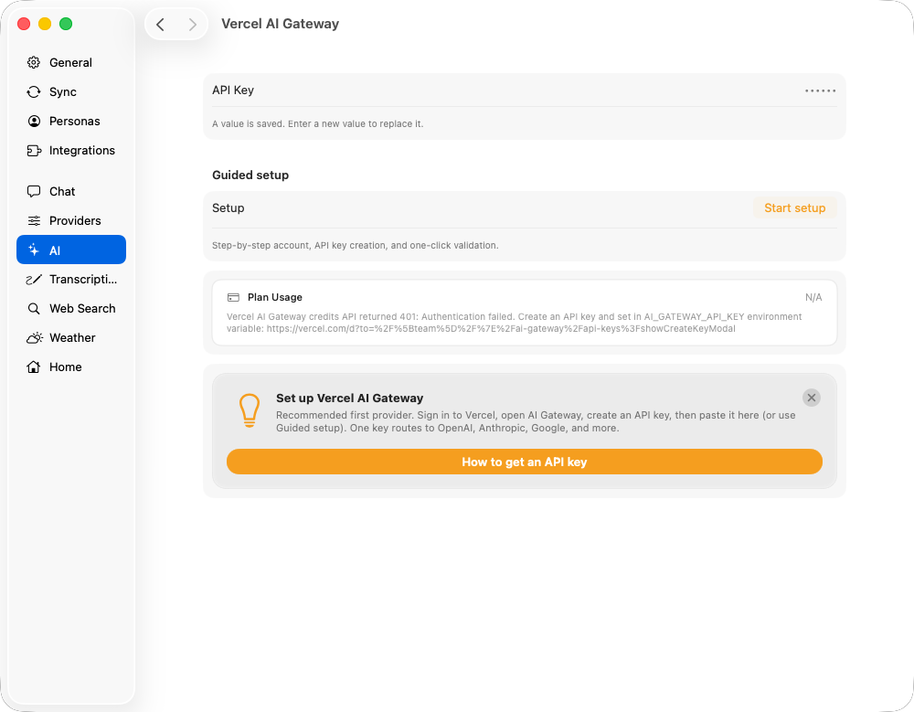 Toby.app Vercel AI Gateway configuration