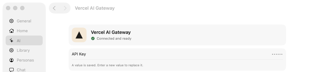 Vercel AI Gateway settings with a saved API key