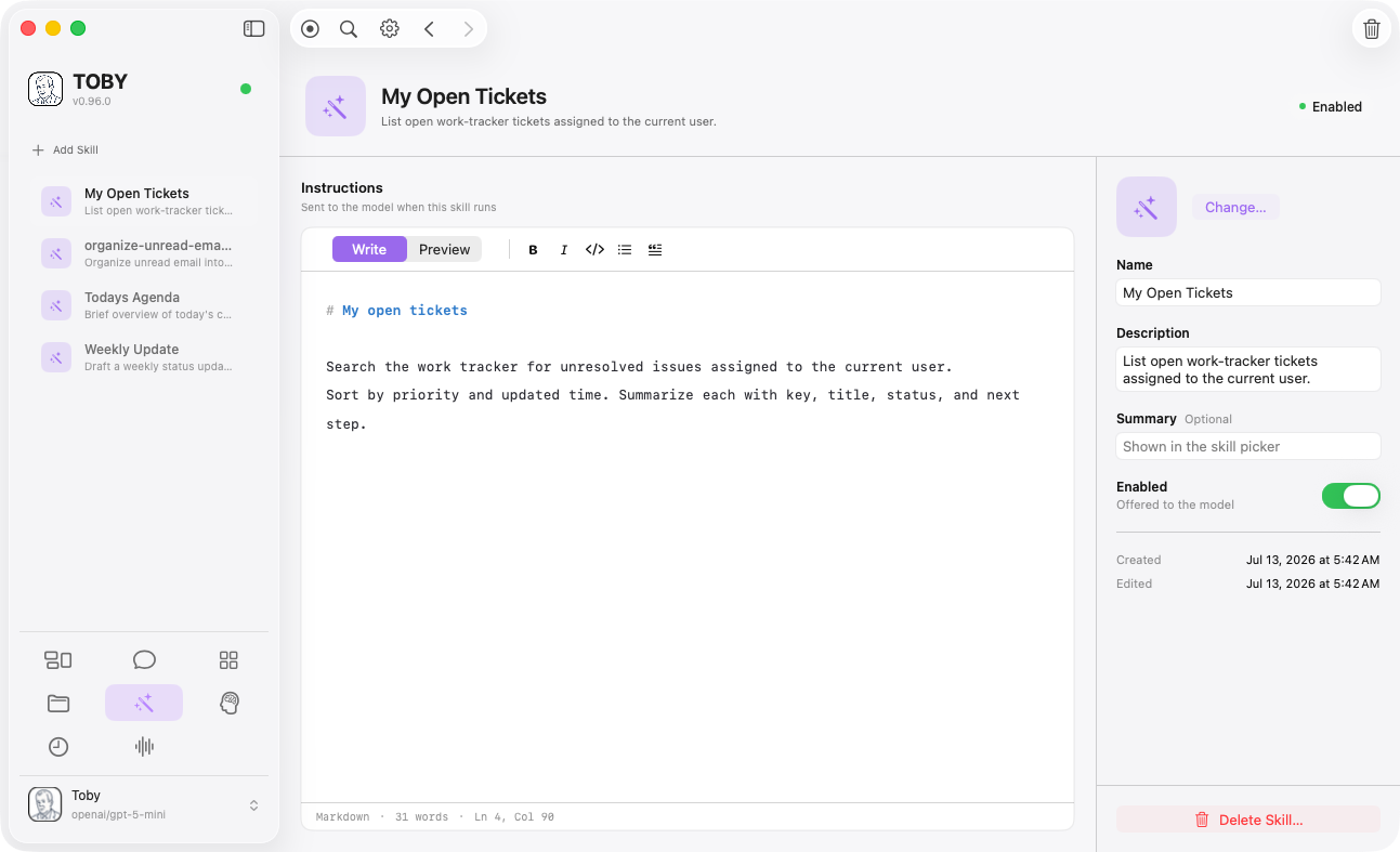 Toby.app Skills window