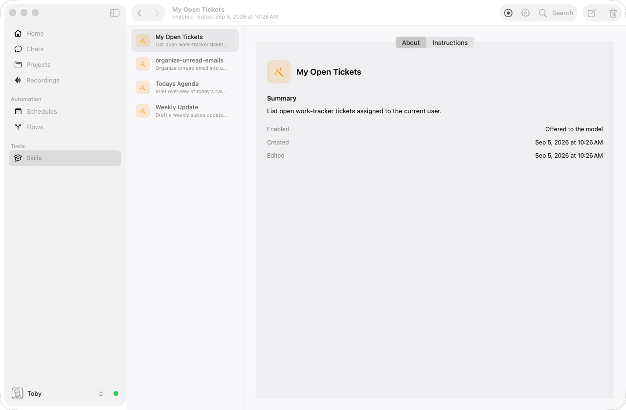 Toby.app Skills window